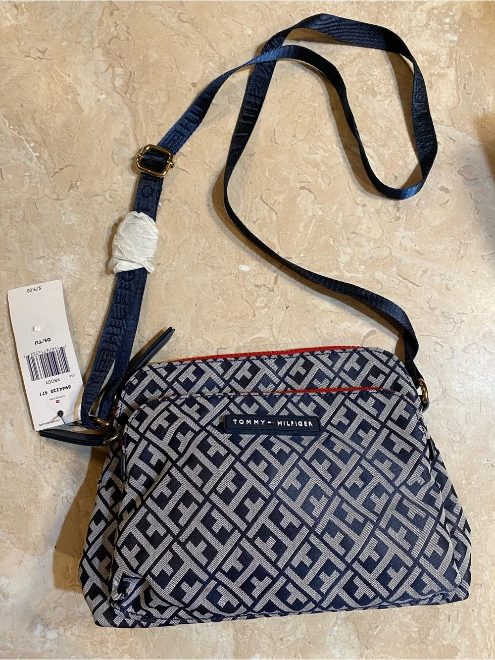 Tommy Hilfiger Navy and White Monogram Crossbody Bag